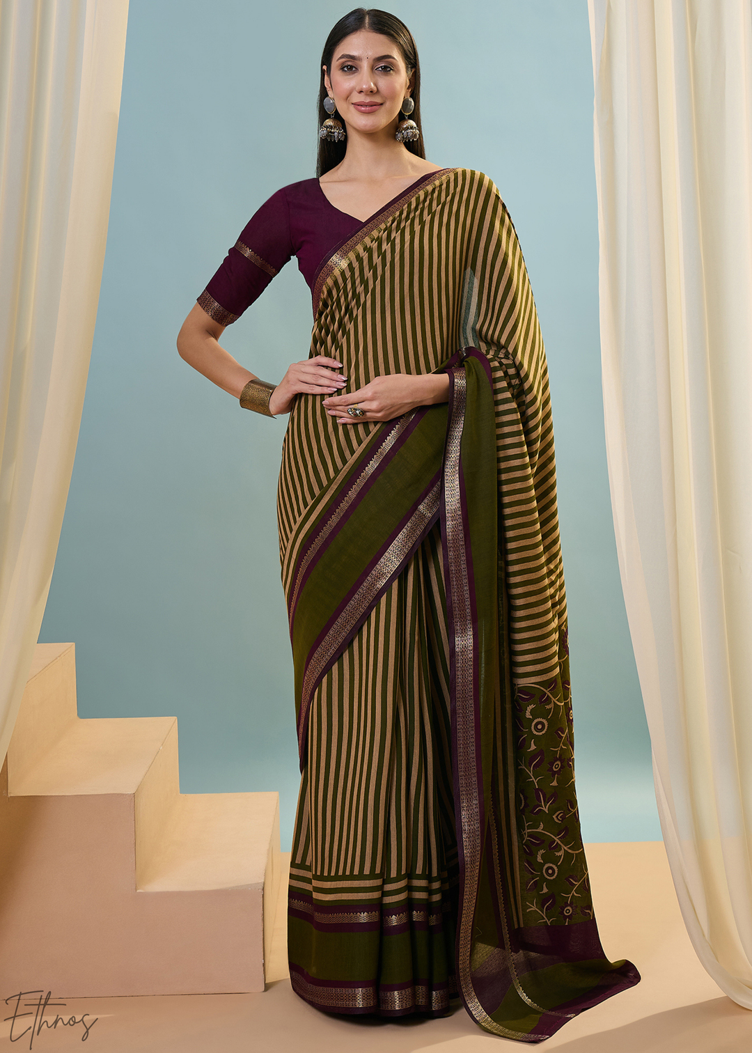 Bronzite Striped Ajrakh PV Cotton Saree