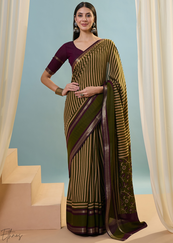 Bronzite Striped Ajrakh PV Cotton Saree