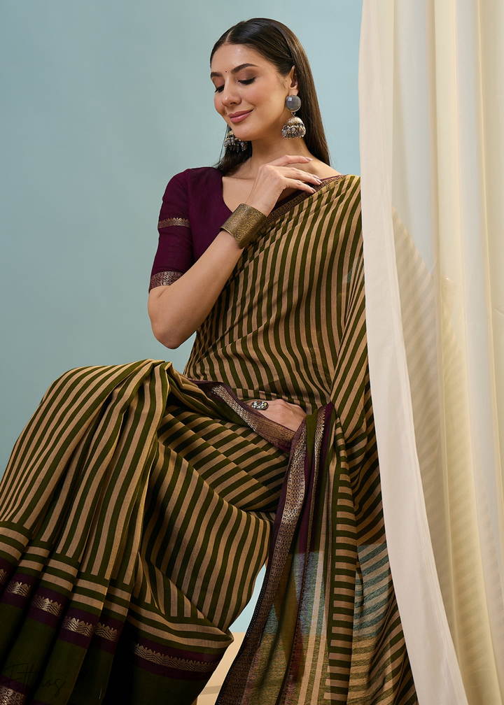 Bronzite Striped Ajrakh PV Cotton Saree