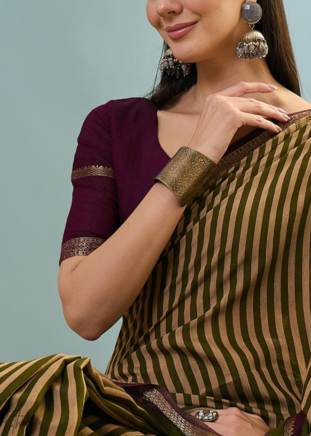 Bronzite Striped Ajrakh PV Cotton Saree