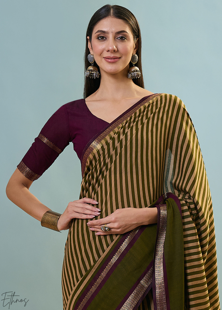 Bronzite Striped Ajrakh PV Cotton Saree