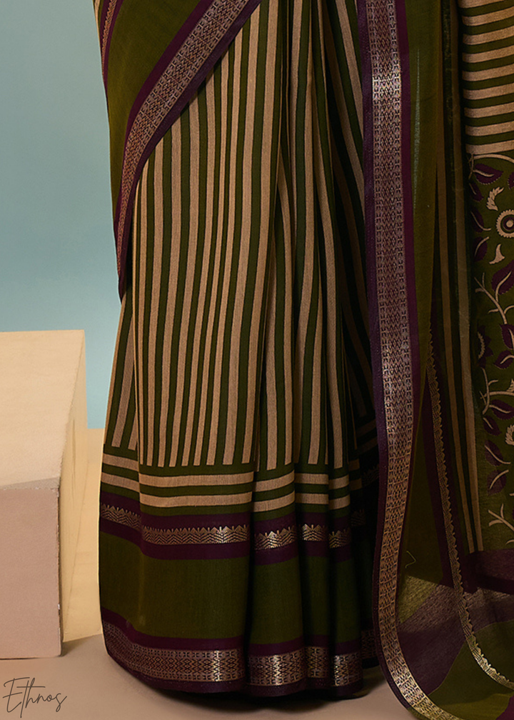 Bronzite Striped Ajrakh PV Cotton Saree