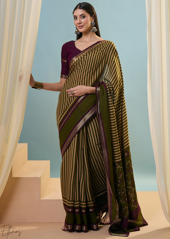 Bronzite Striped Ajrakh PV Cotton Saree