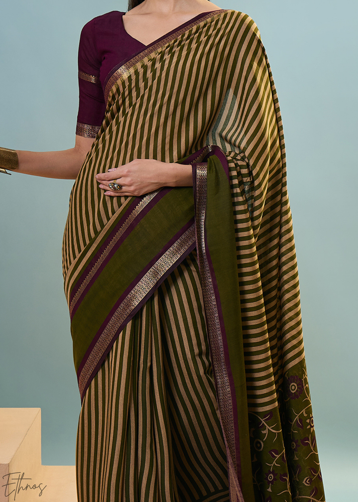 Bronzite Striped Ajrakh PV Cotton Saree