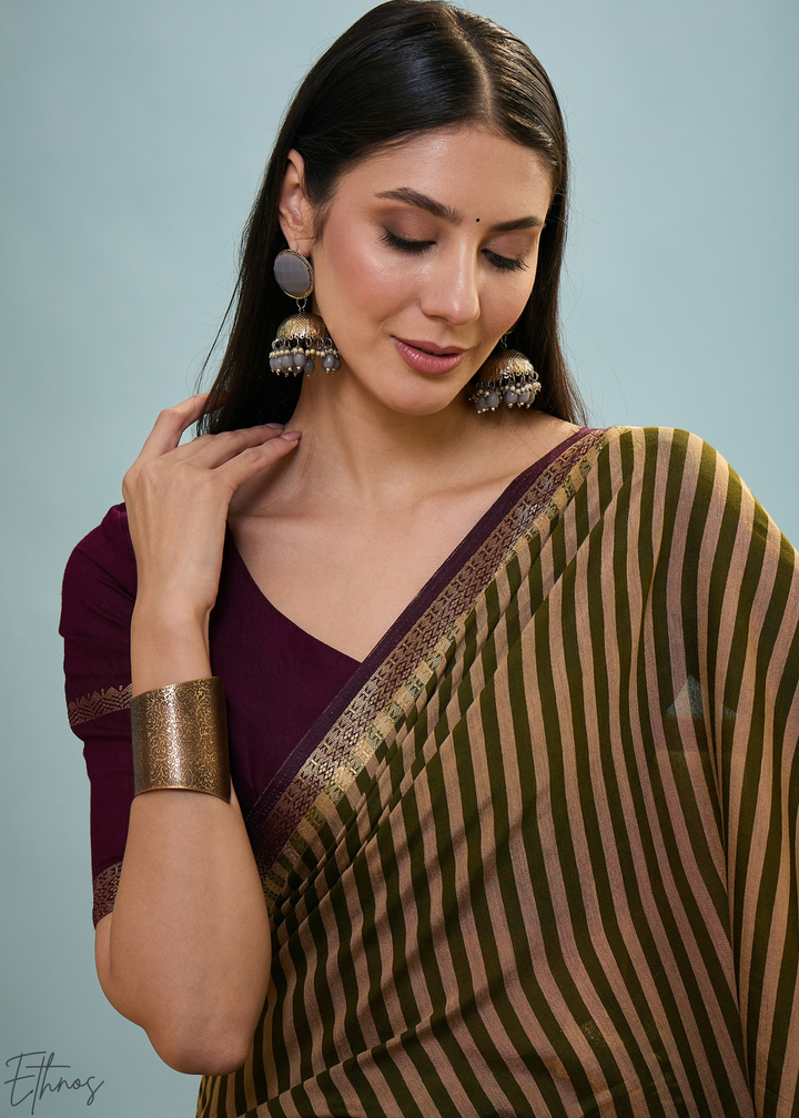 Bronzite Striped Ajrakh PV Cotton Saree