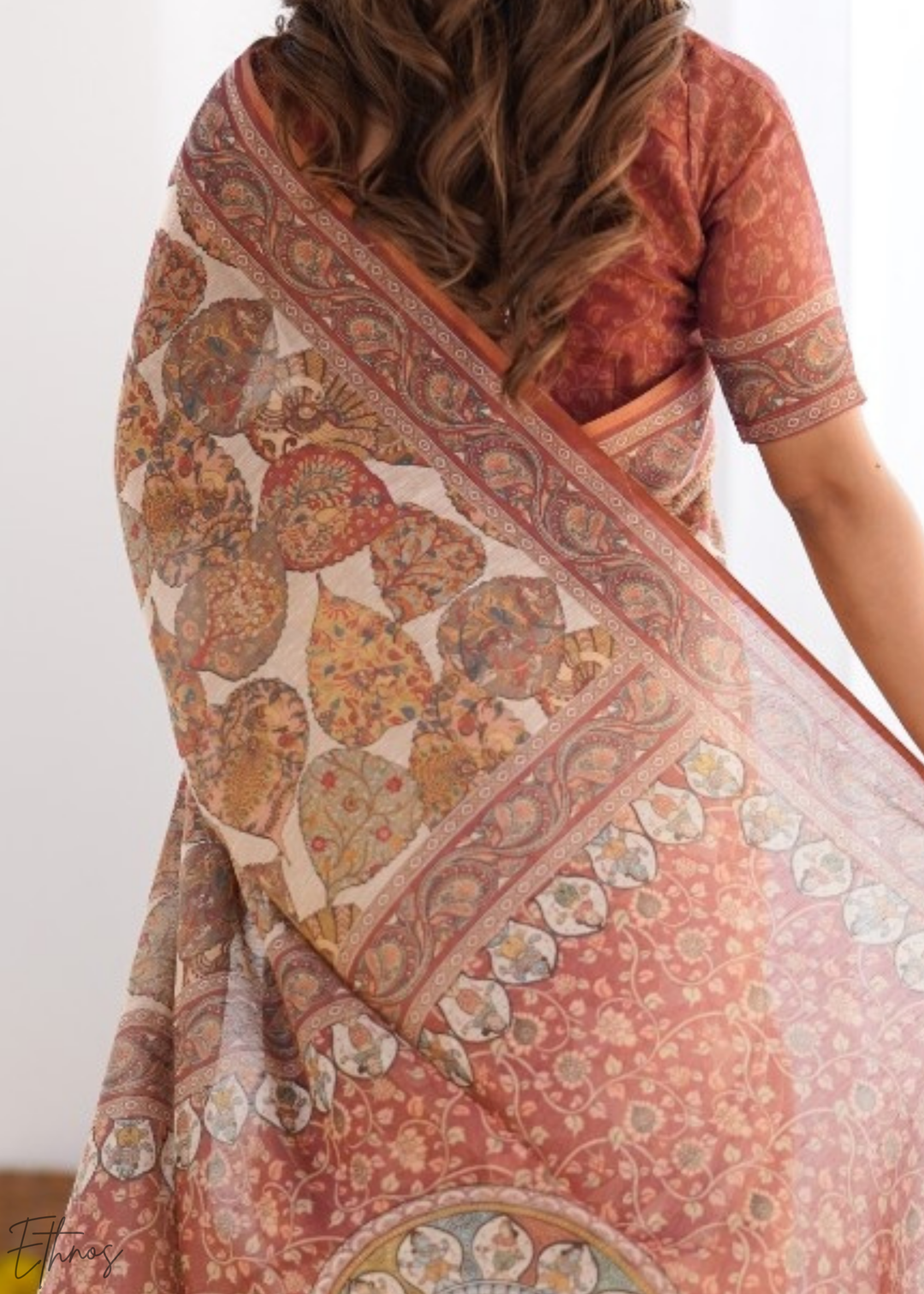 Brown Paisley Leaf Motif Cotton Linen Saree