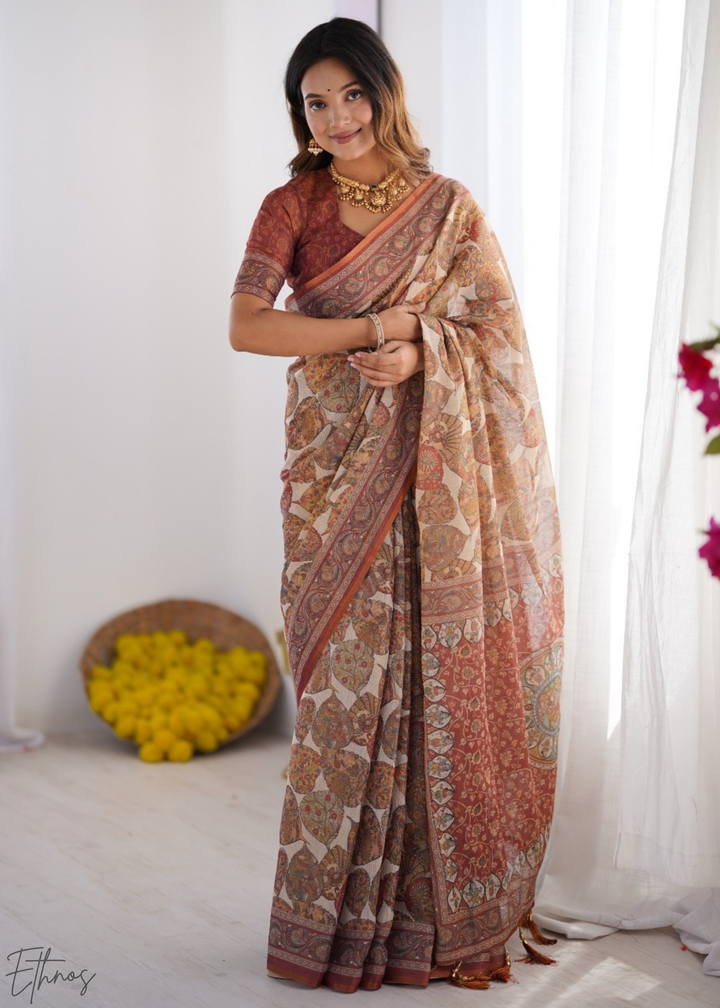 Brown Paisley Leaf Motif Cotton Linen Saree
