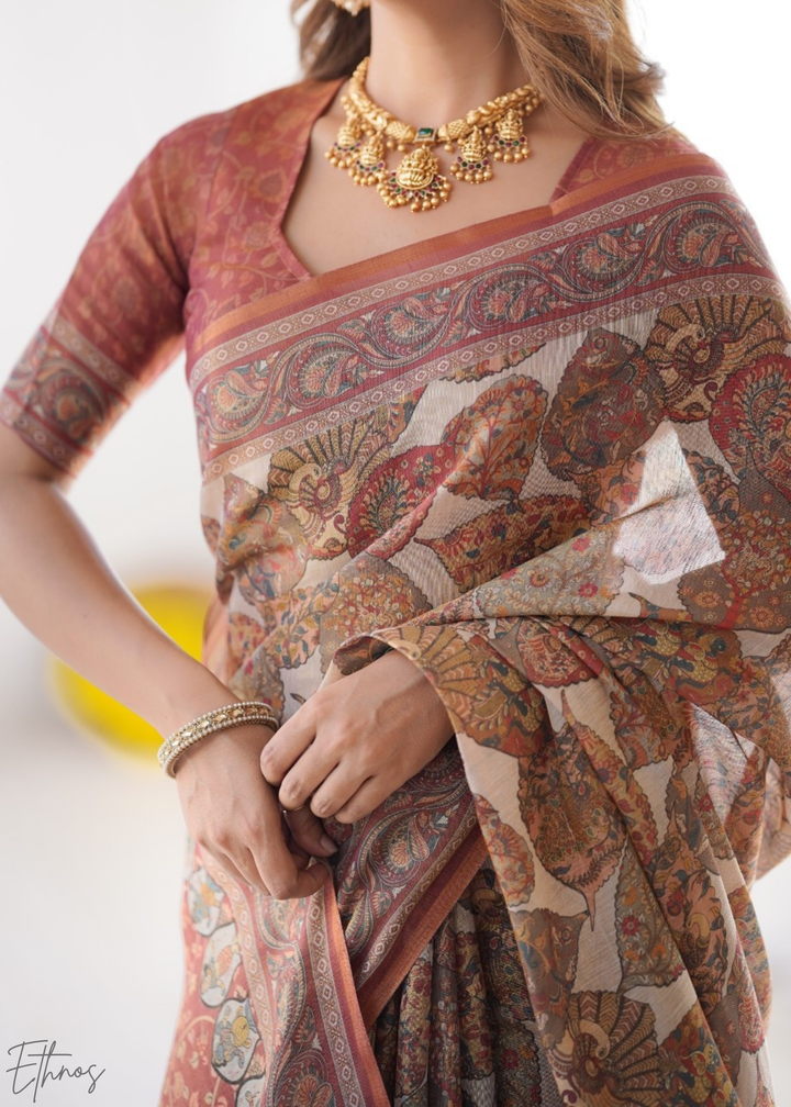 Brown Paisley Leaf Motif Cotton Linen Saree