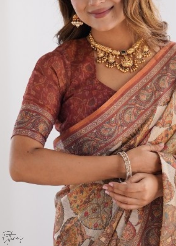 Brown Paisley Leaf Motif Cotton Linen Saree