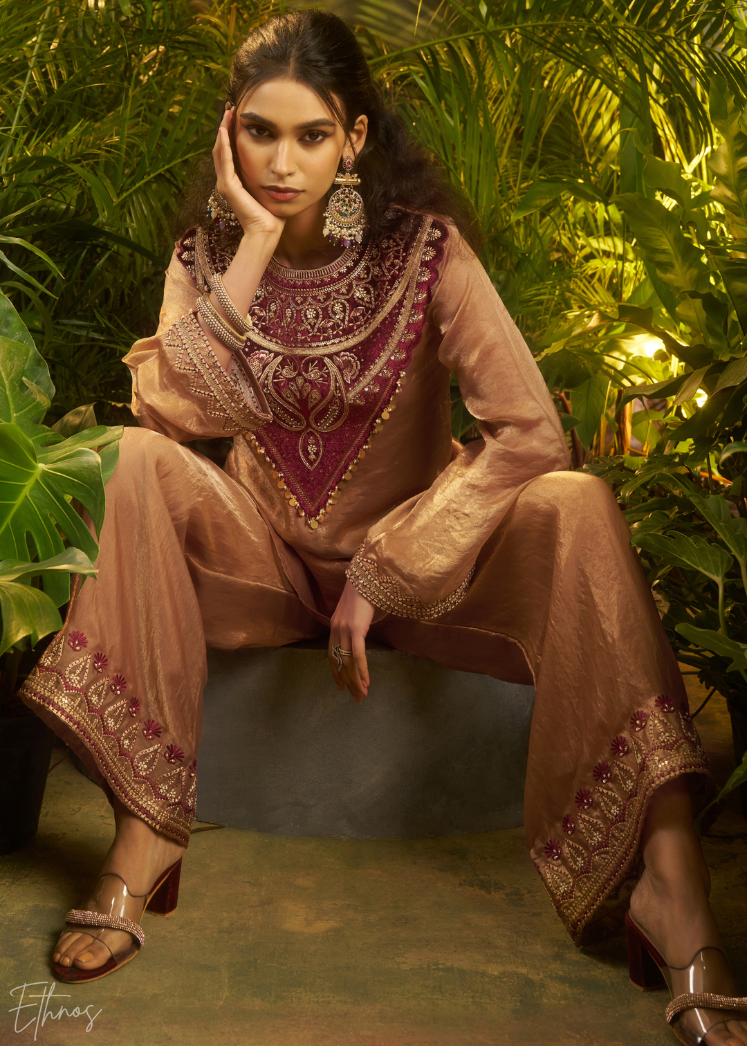 Brown Zardozi Organza Co-ord Set