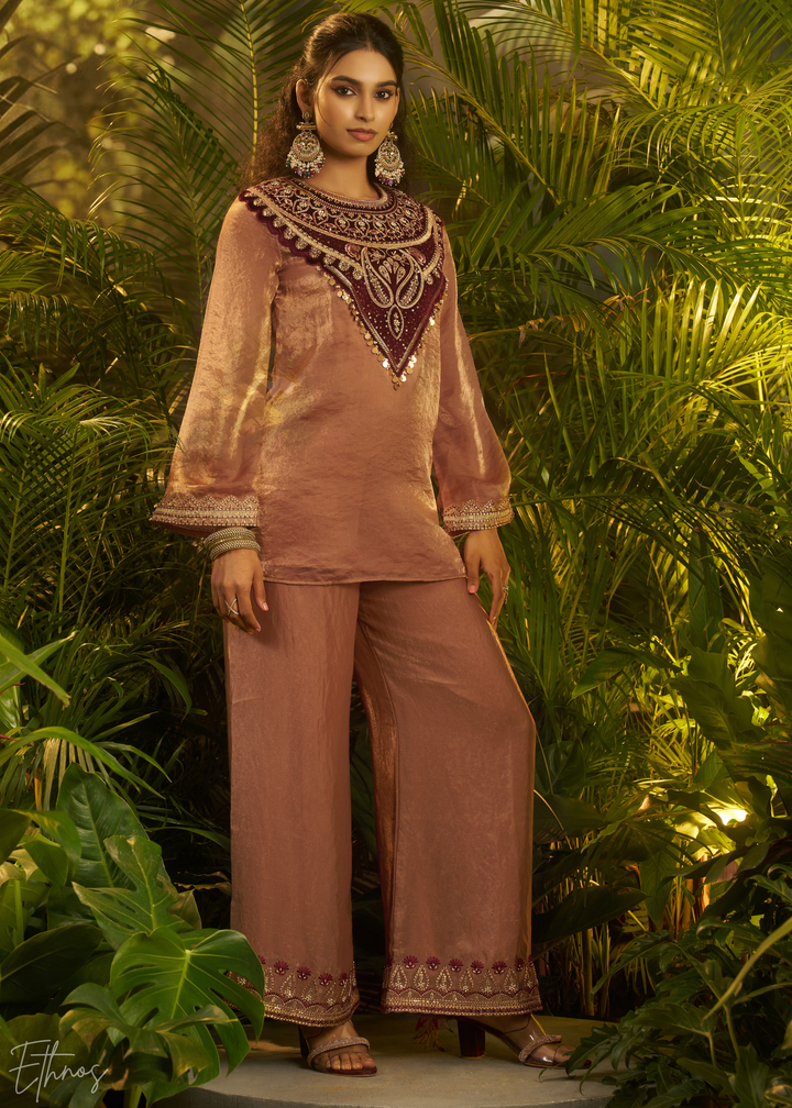 Brown Zardozi Organza Co-ord Set