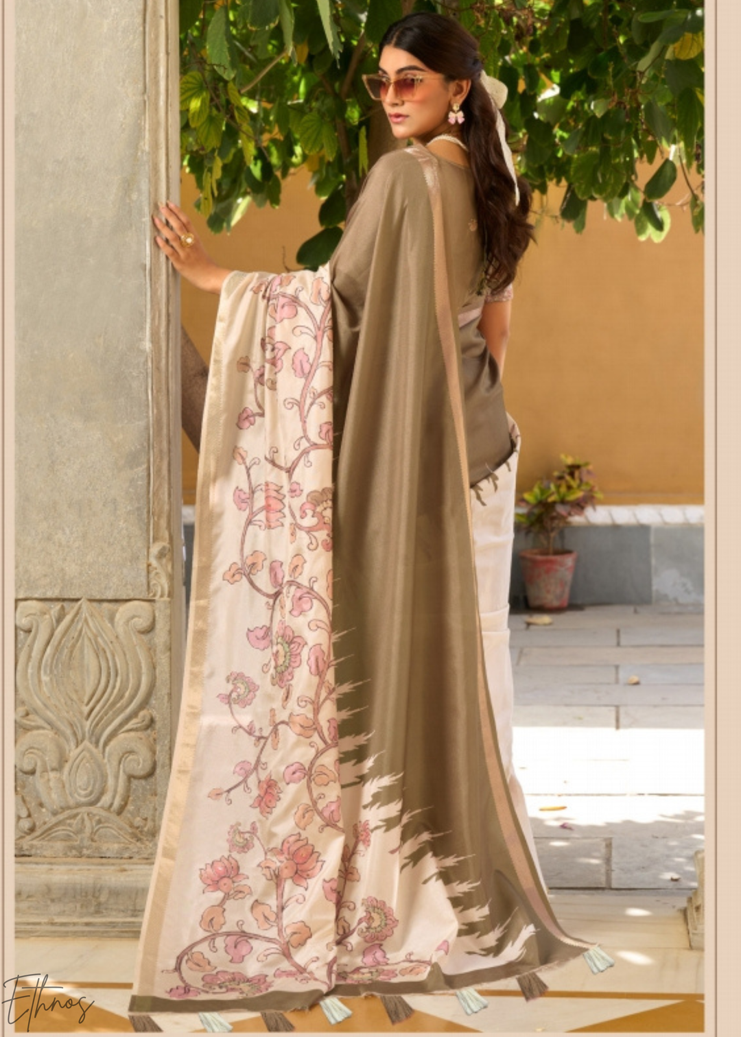 Brown and Cream Floral Digital Print Tussar Silk