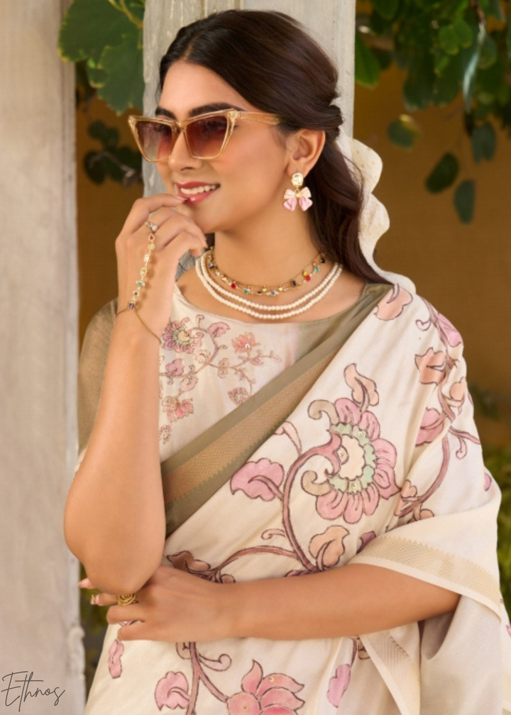 Brown and Cream Floral Digital Print Tussar Silk