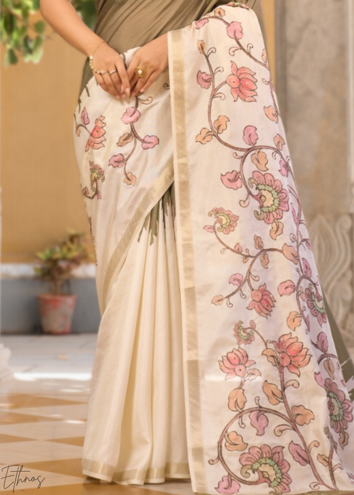 Brown and Cream Floral Digital Print Tussar Silk