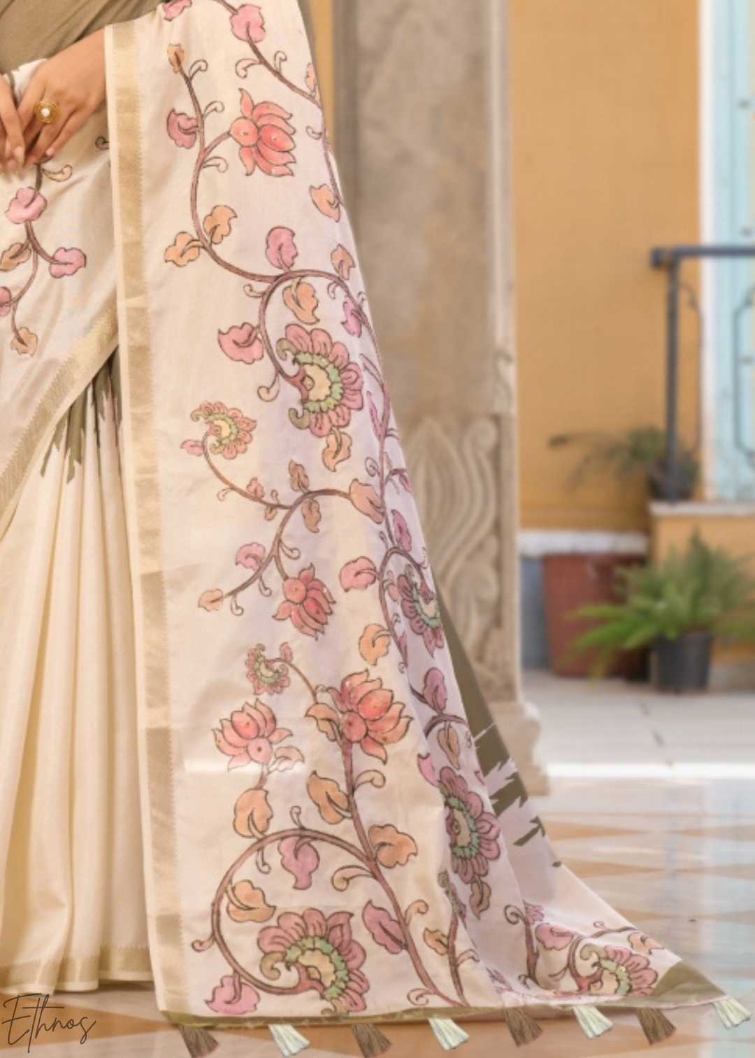 Brown and Cream Floral Digital Print Tussar Silk