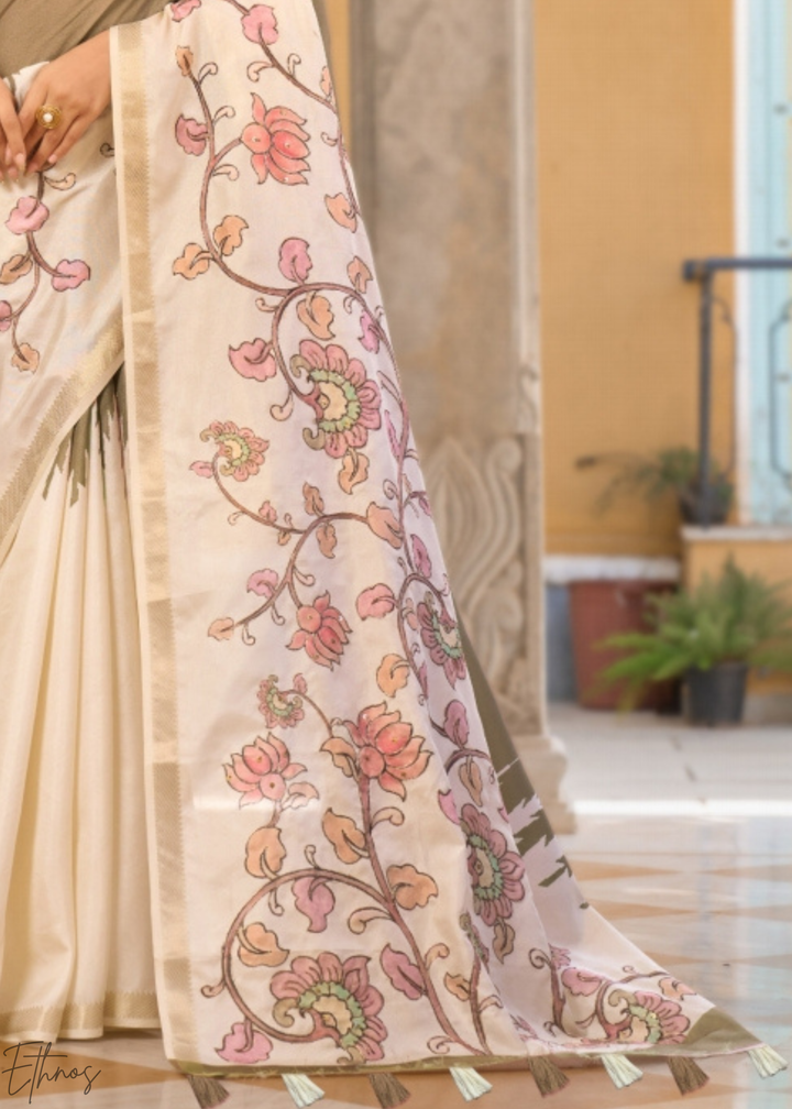 Brown and Cream Floral Digital Print Tussar Silk