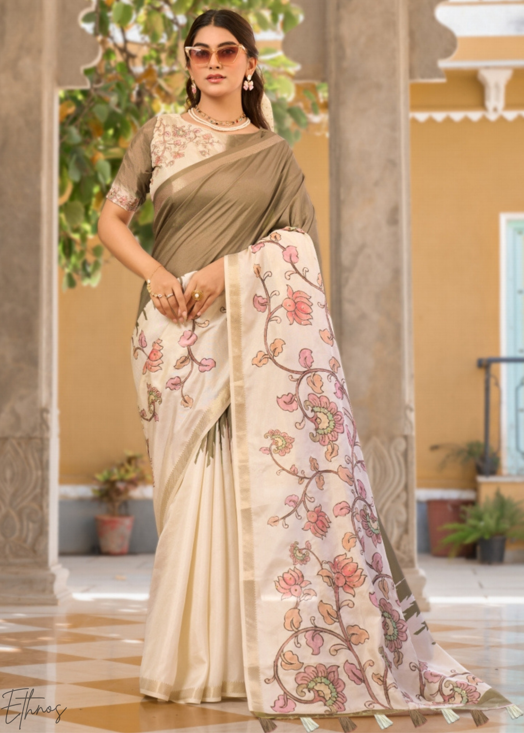 Brown and Cream Floral Digital Print Tussar Silk