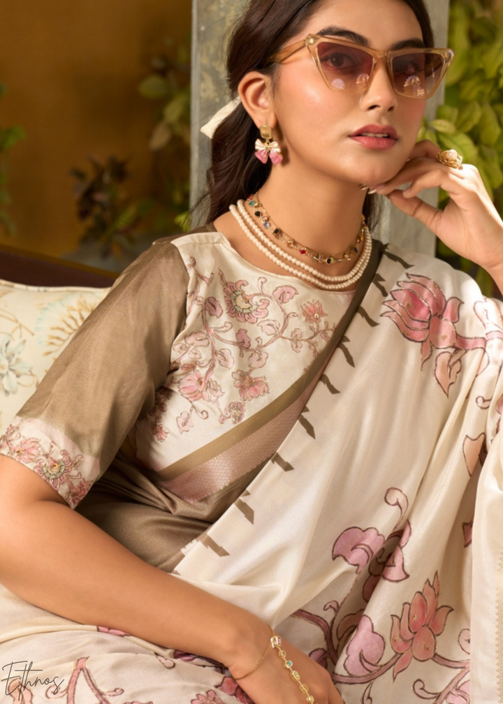 Brown and Cream Floral Digital Print Tussar Silk