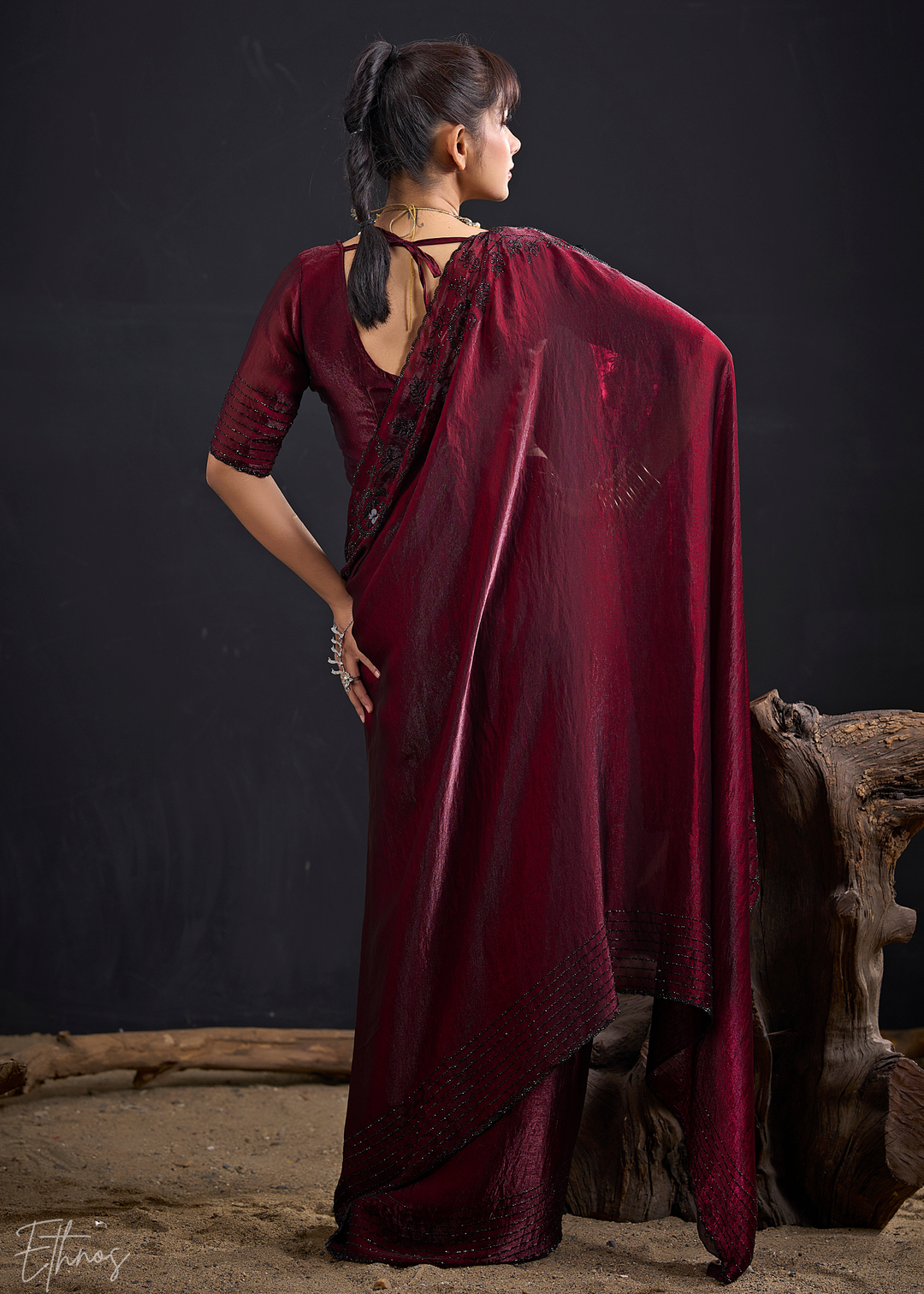 Burgundy Linear-Floral Silk Saree
