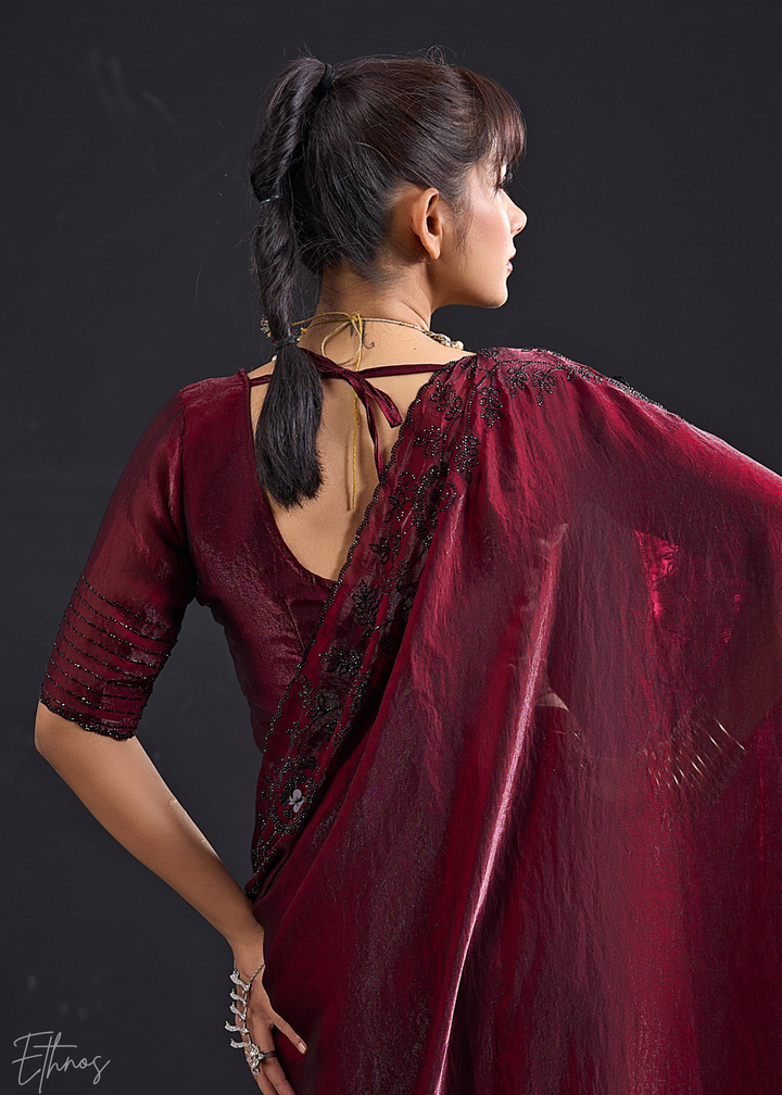 Burgundy Linear-Floral Silk Saree