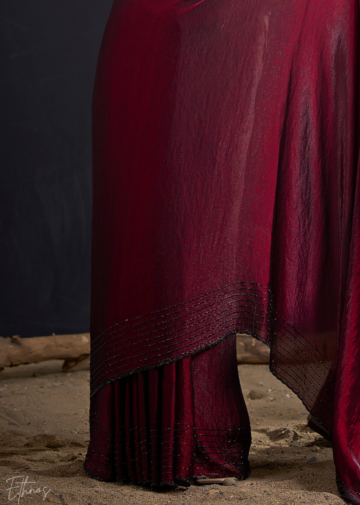 Burgundy Linear-Floral Silk Saree