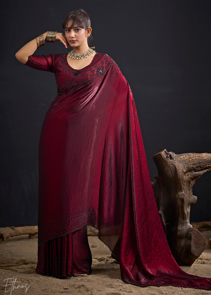 Burgundy Linear-Floral Silk Saree
