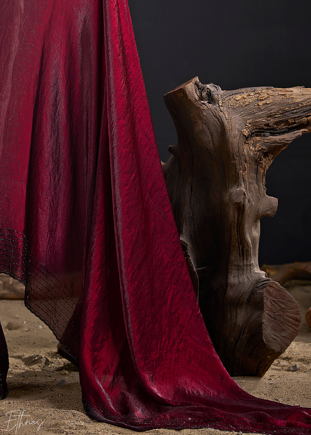 Burgundy Linear-Floral Silk Saree