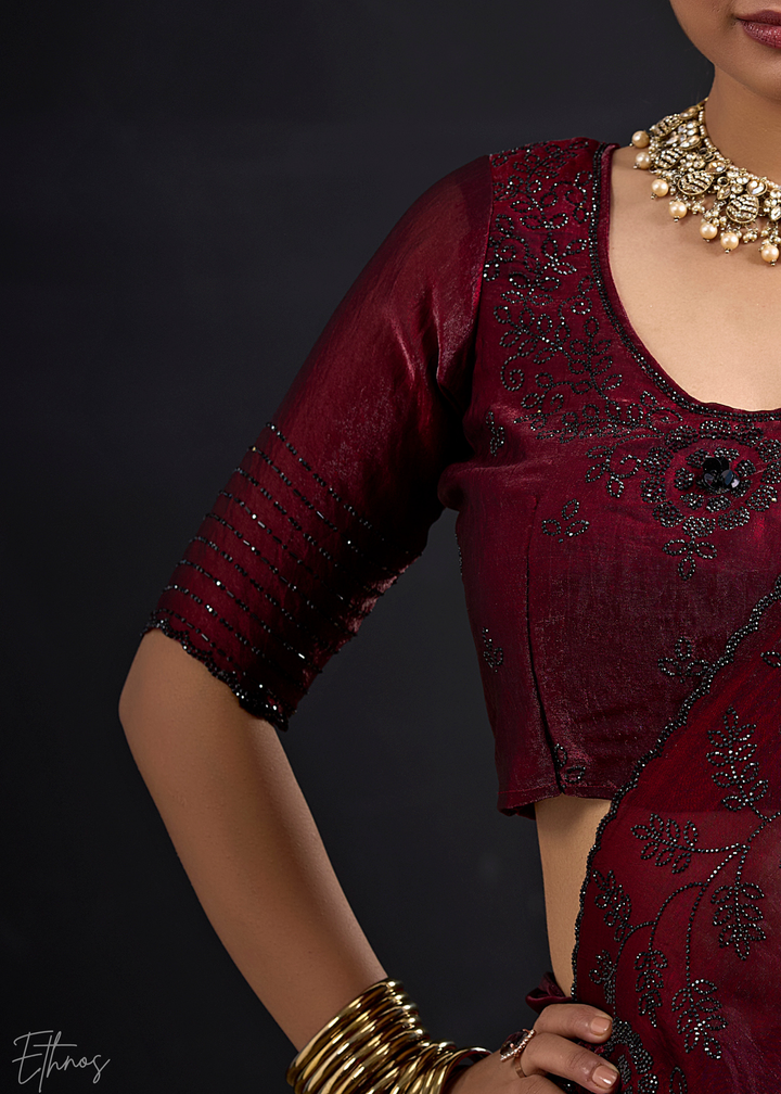 Burgundy Linear-Floral Silk Saree