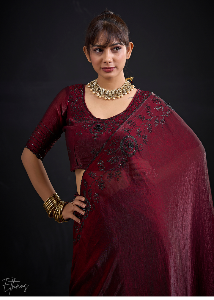 Burgundy Linear-Floral Silk Saree