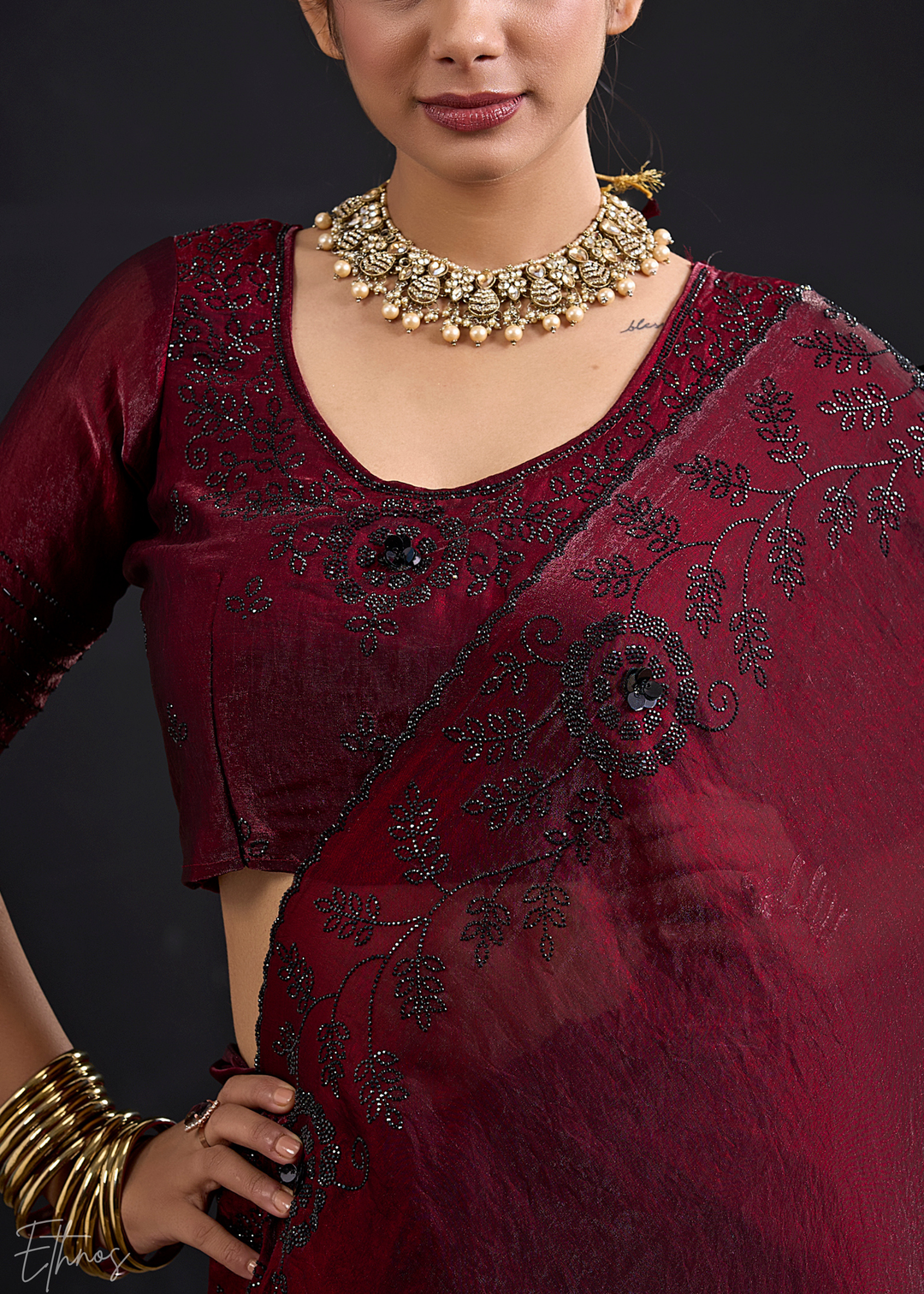 Burgundy Linear-Floral Silk Saree