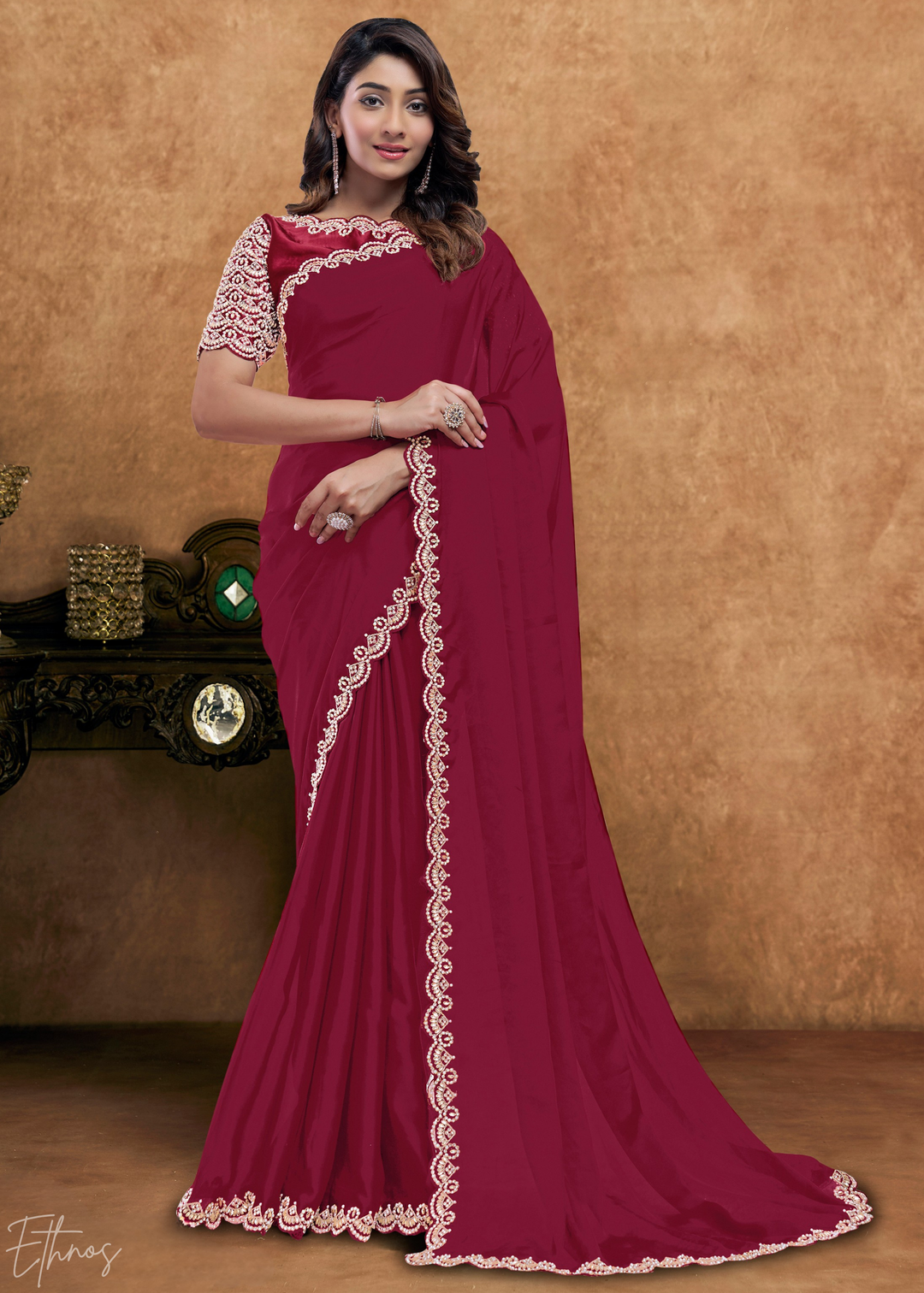 Burgundy Wine Sequin Embroidered Organza Satin Saree