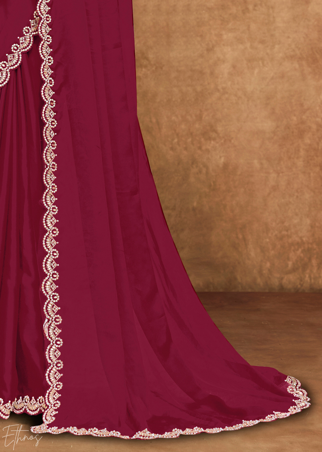 Burgundy Wine Sequin Embroidered Organza Satin Saree