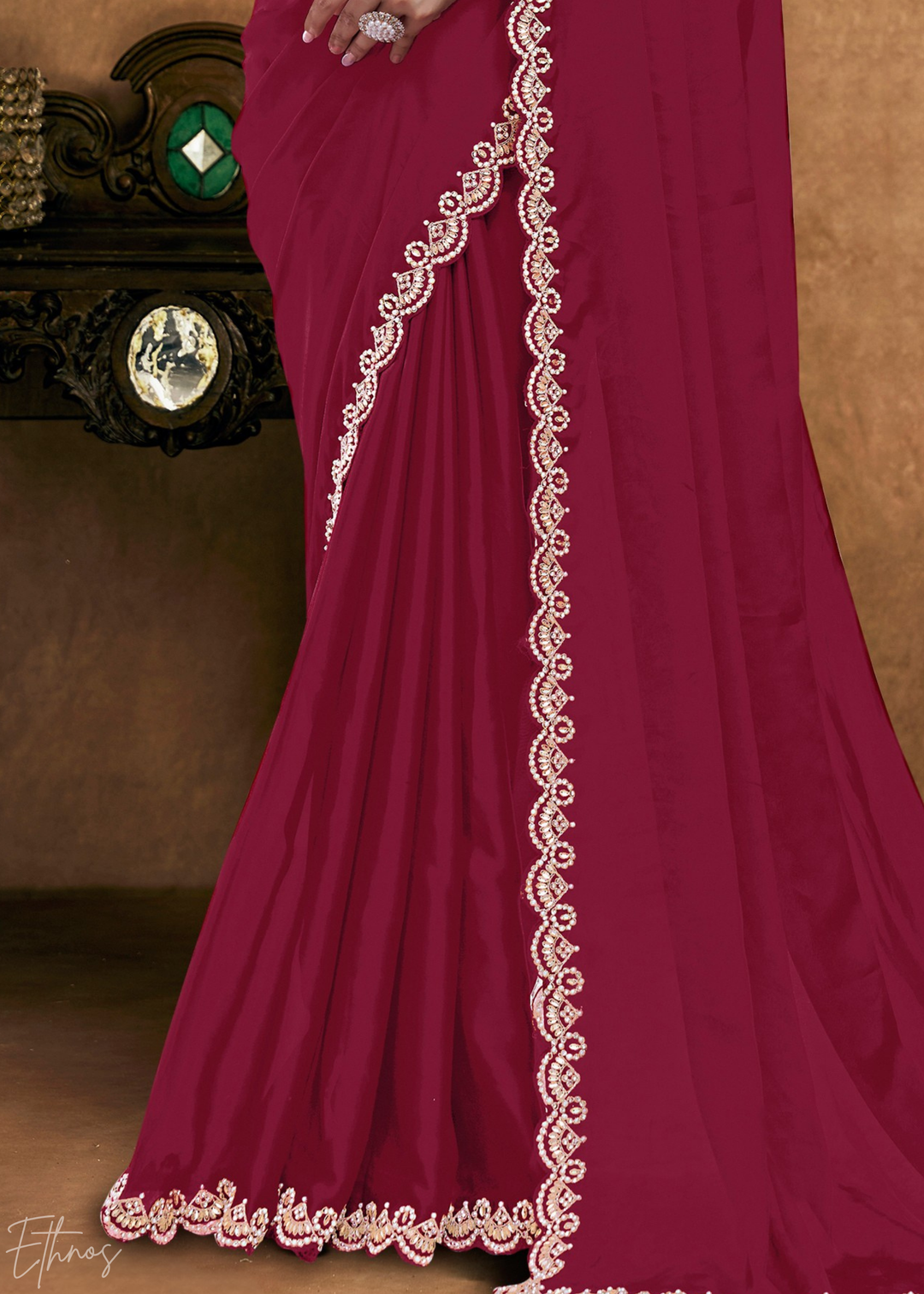 Burgundy Wine Sequin Embroidered Organza Satin Saree