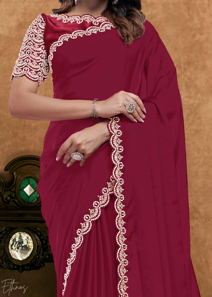 Burgundy Wine Sequin Embroidered Organza Satin Saree
