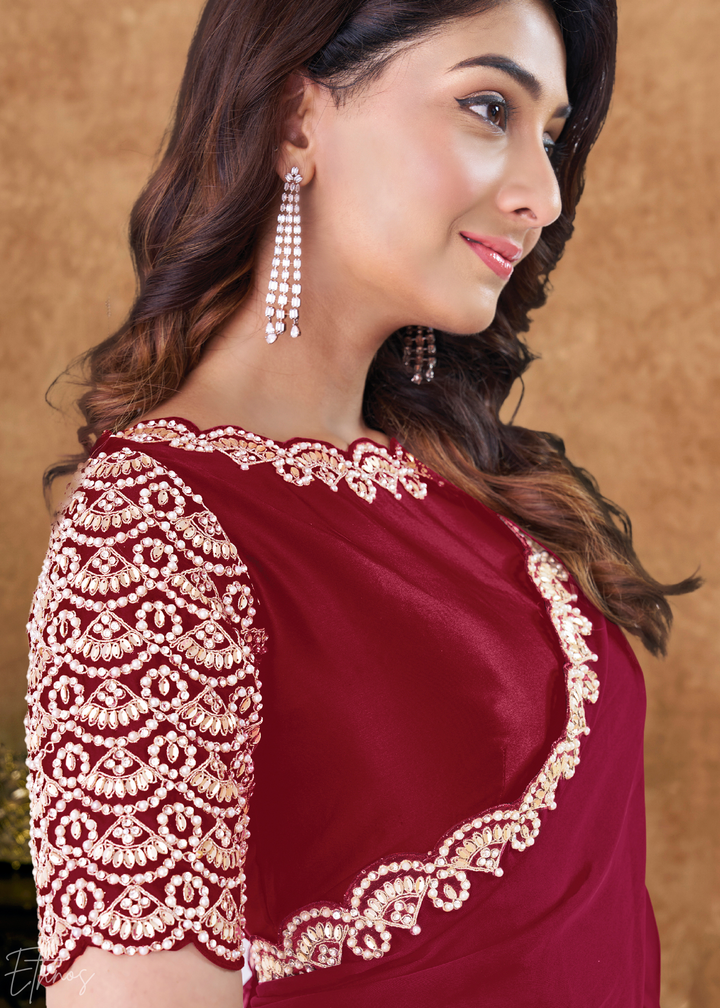 Burgundy Wine Sequin Embroidered Organza Satin Saree