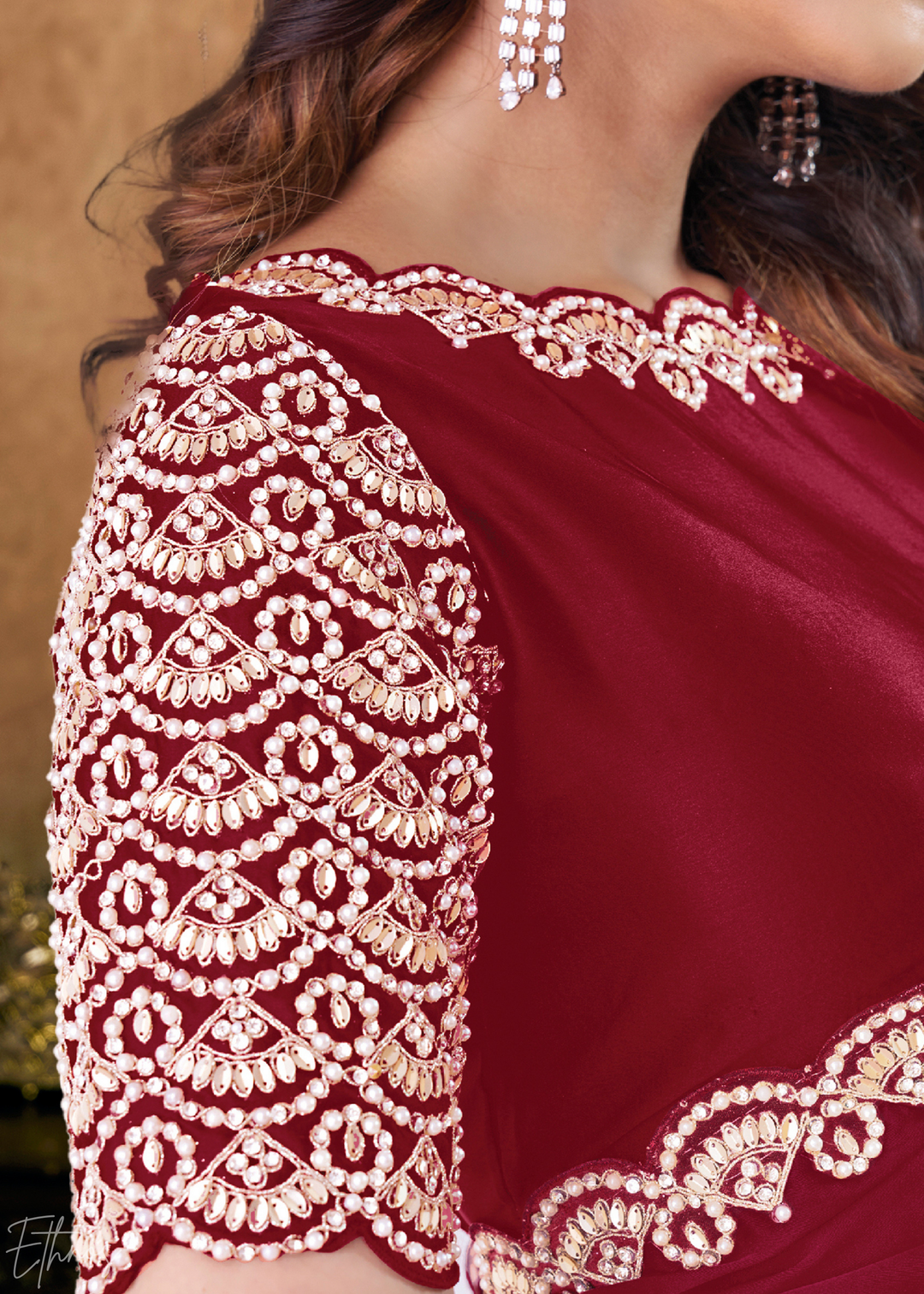 Burgundy Wine Sequin Embroidered Organza Satin Saree
