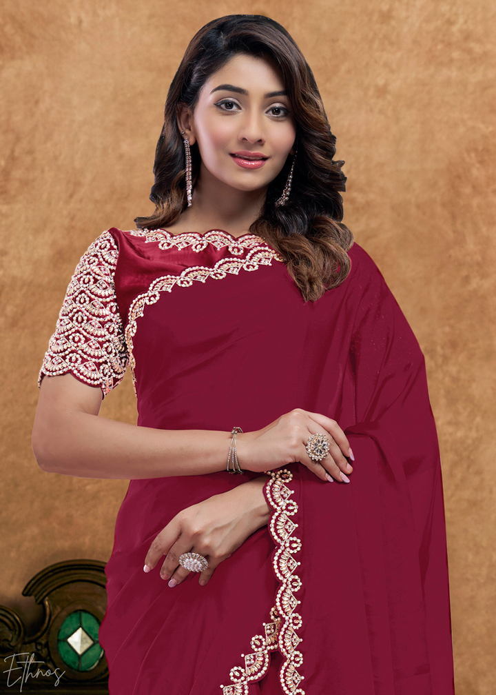 Burgundy Wine Sequin Embroidered Organza Satin Saree