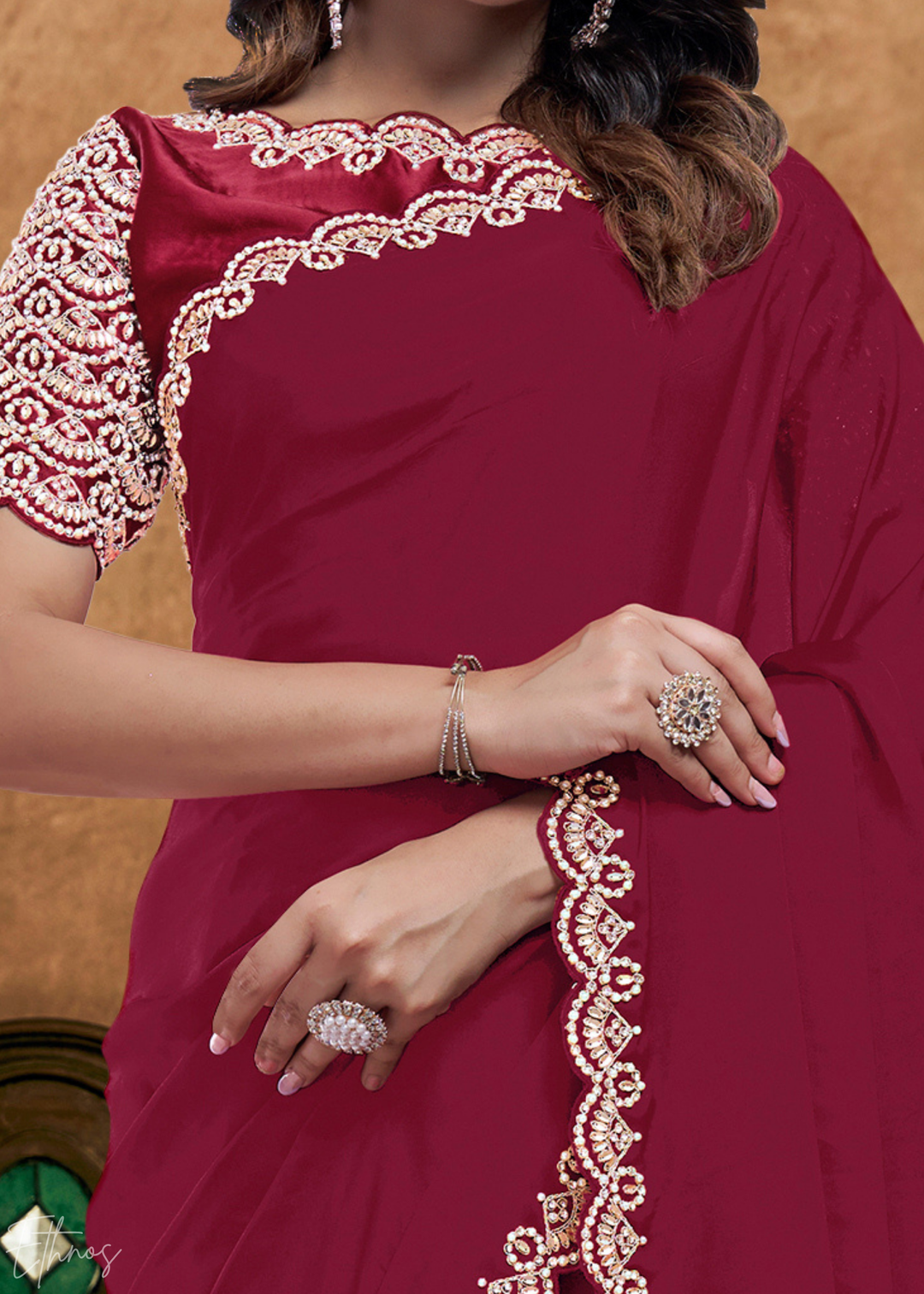 Burgundy Wine Sequin Embroidered Organza Satin Saree
