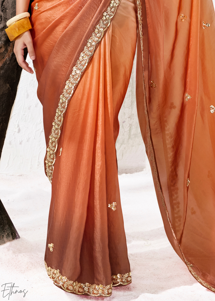 Burnt Orange Dual-Tone Shaded Organza Silk Saree