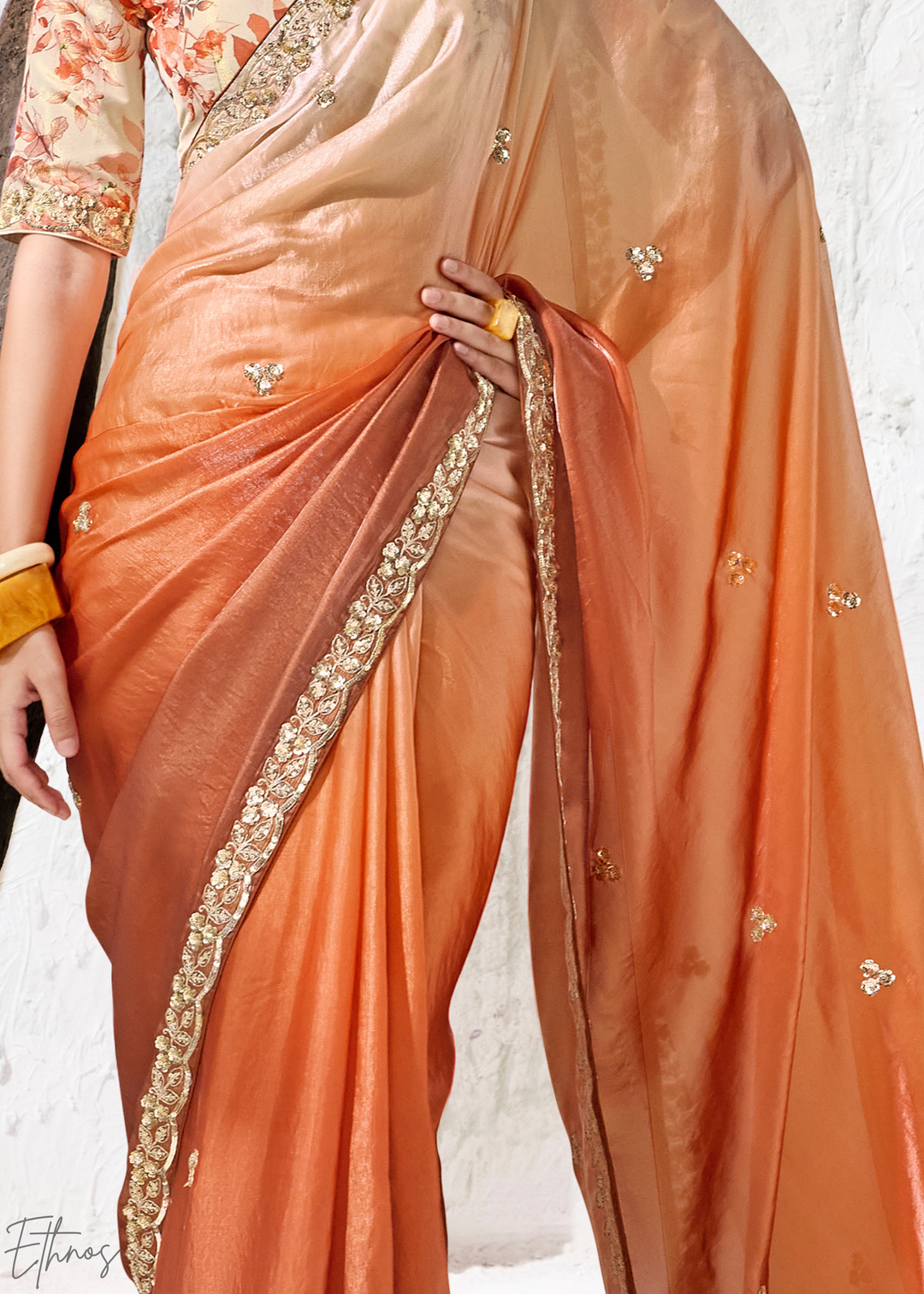 Burnt Orange Dual-Tone Shaded Organza Silk Saree