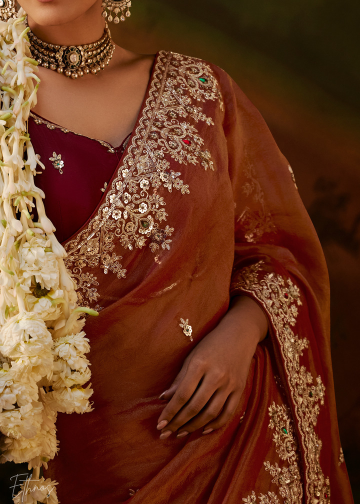 Burnt Sienna Tambour Embroidered Border Tissue Saree
