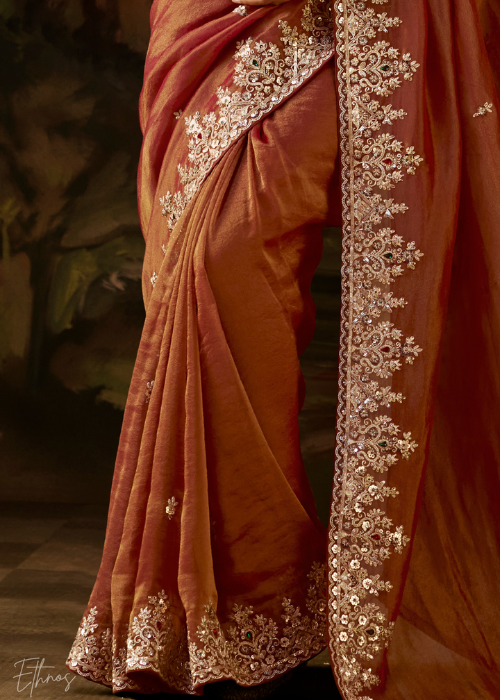Burnt Sienna Tambour Embroidered Border Tissue Saree