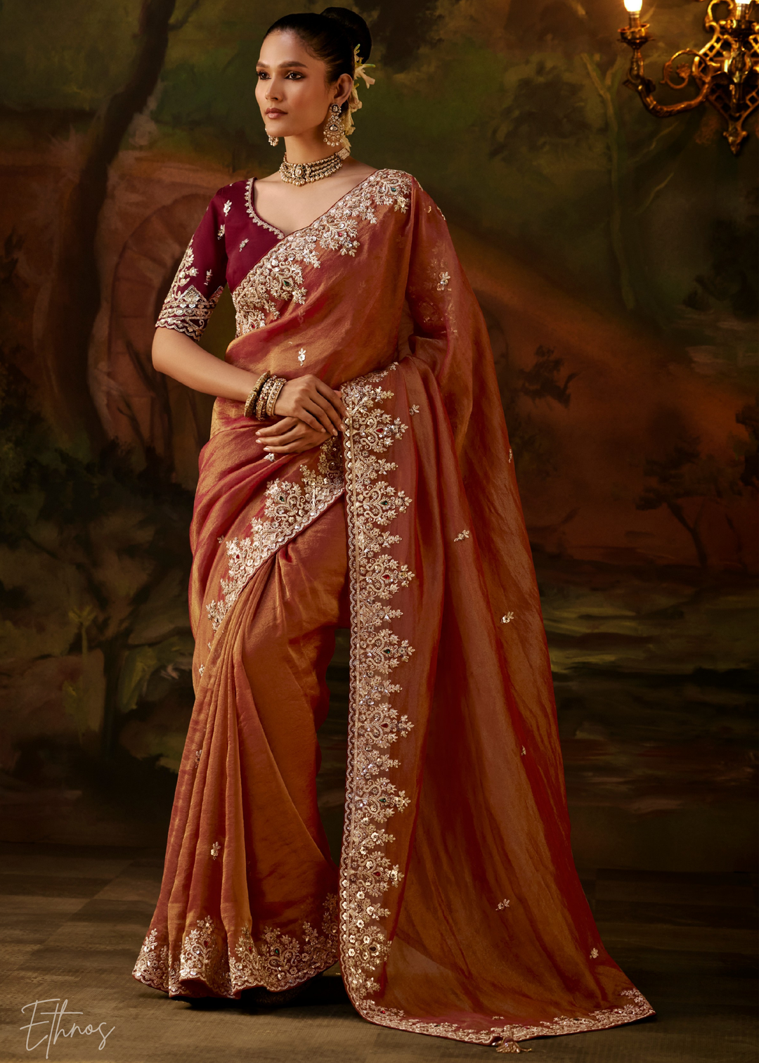 Burnt Sienna Tambour Embroidered Border Tissue Saree