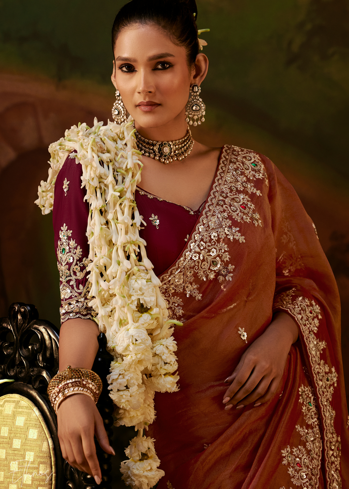 Burnt Sienna Tambour Embroidered Border Tissue Saree
