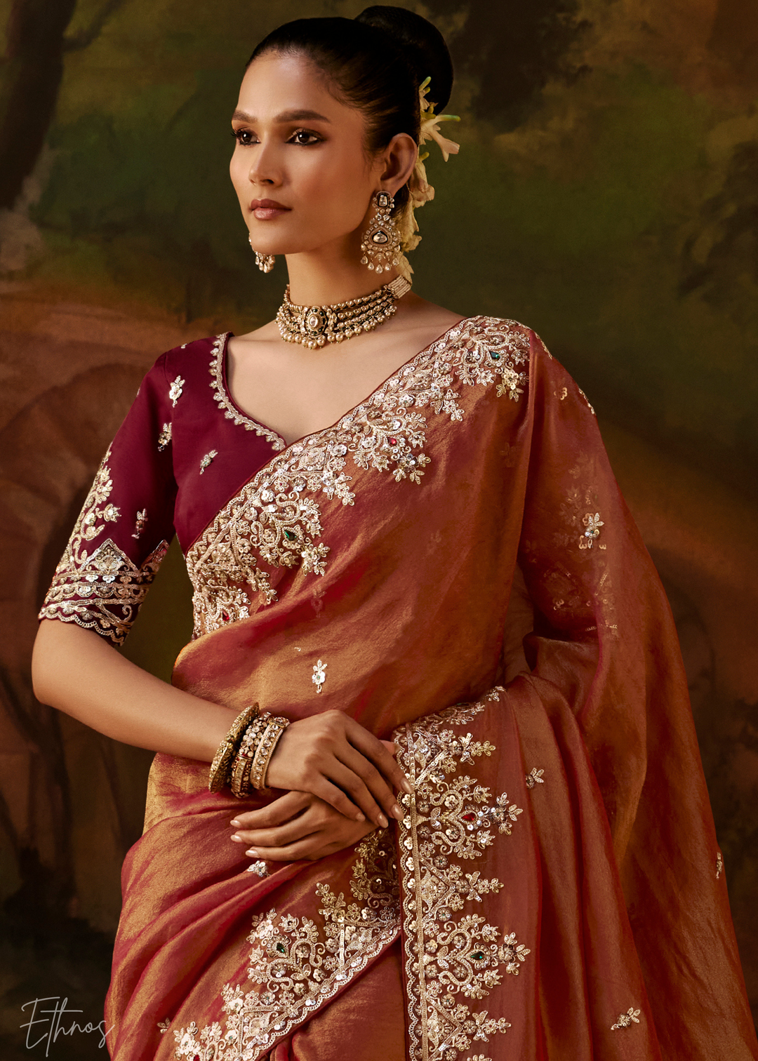 Burnt Sienna Tambour Embroidered Border Tissue Saree