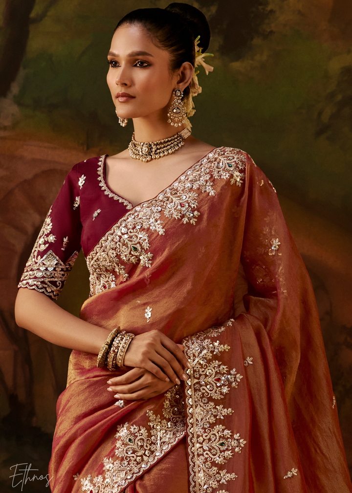 Burnt Sienna Tambour Embroidered Border Tissue Saree