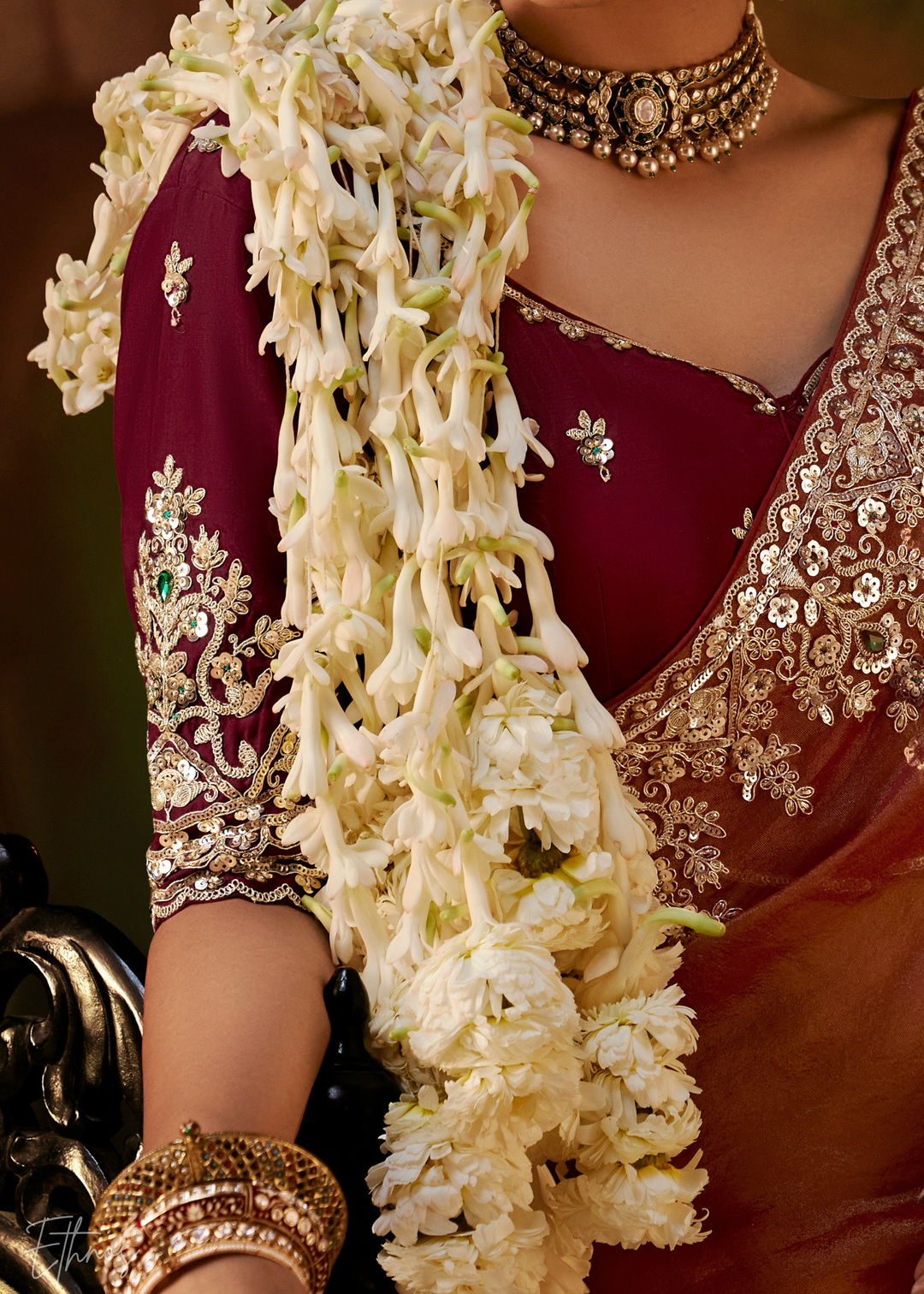 Burnt Sienna Tambour Embroidered Border Tissue Saree