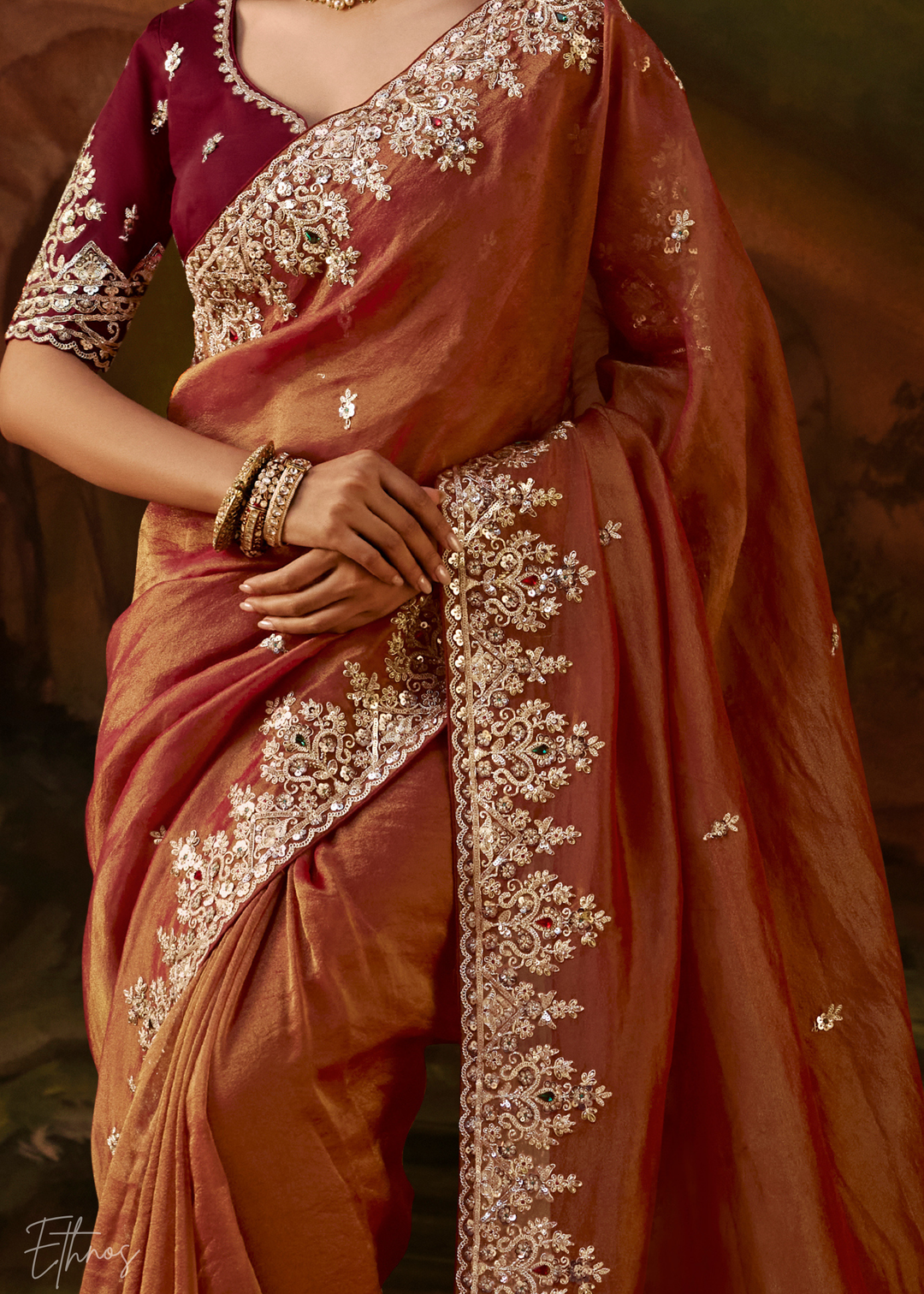 Burnt Sienna Tambour Embroidered Border Tissue Saree