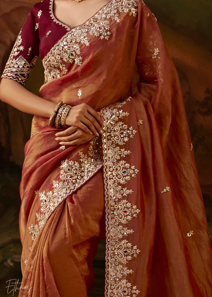 Burnt Sienna Tambour Embroidered Border Tissue Saree