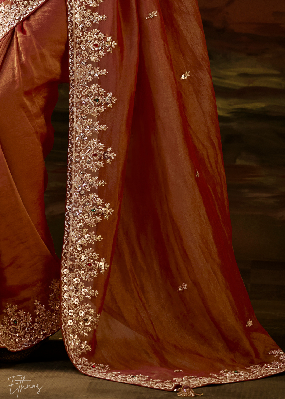Burnt Sienna Tambour Embroidered Border Tissue Saree